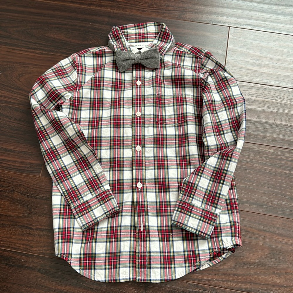 Janie and Jack boys Christmas plaid button down dress shirt and bow tie size 6